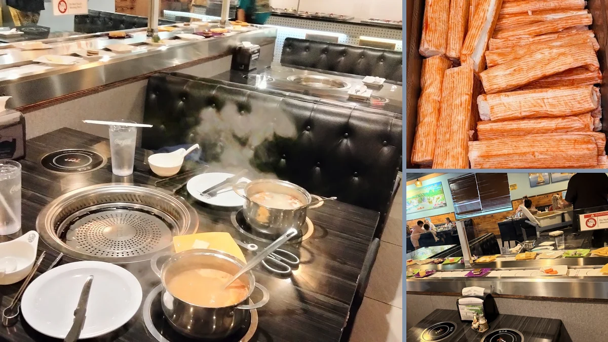 Shared table with hot pot pots and grill plates.