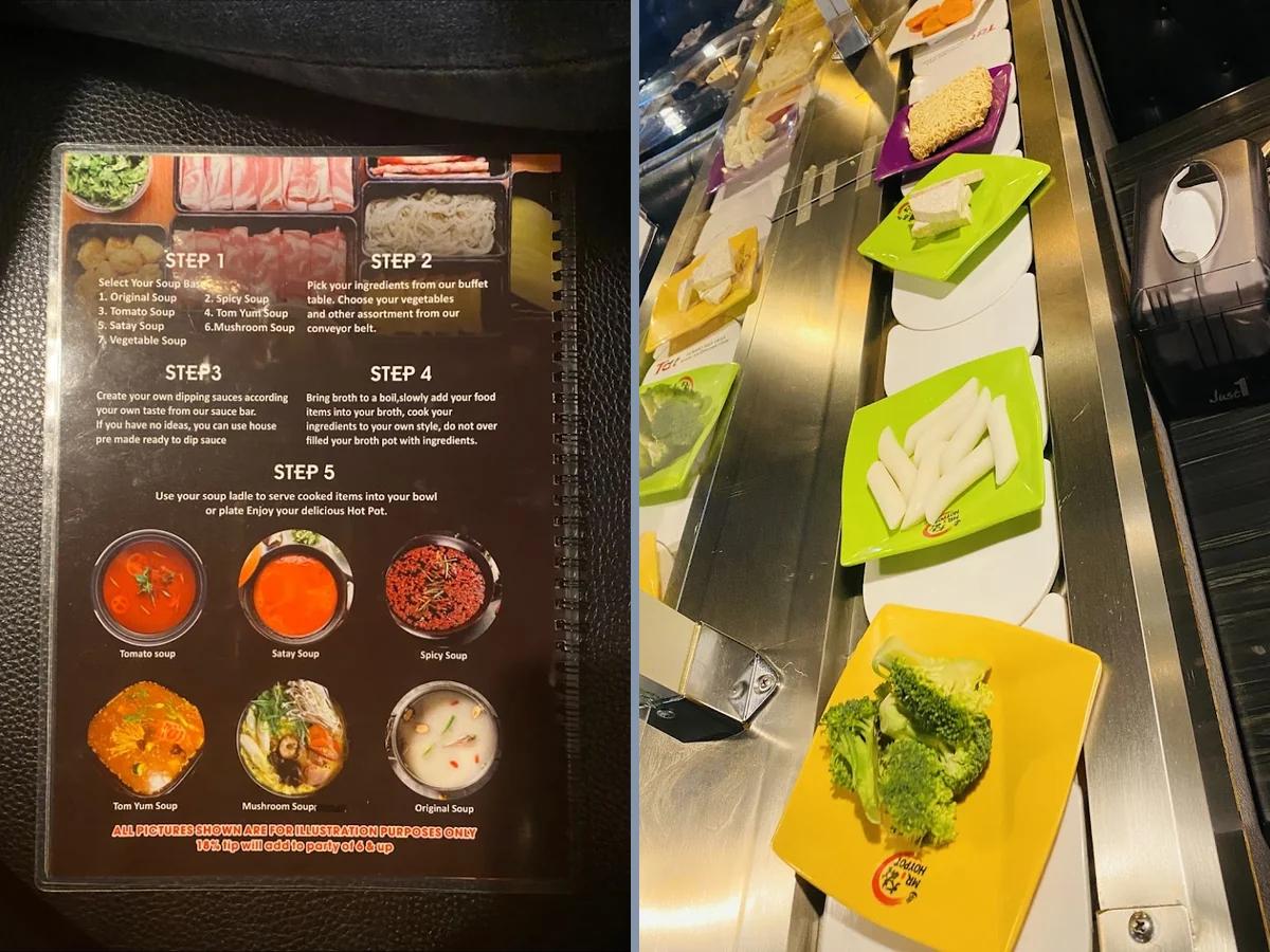 Colorful sauce bar beside a casual dining room.