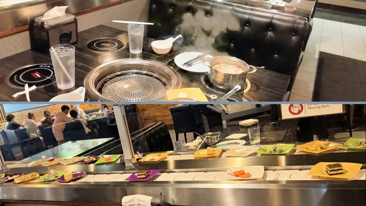Bowls, tongs, and steaming broths on a table.