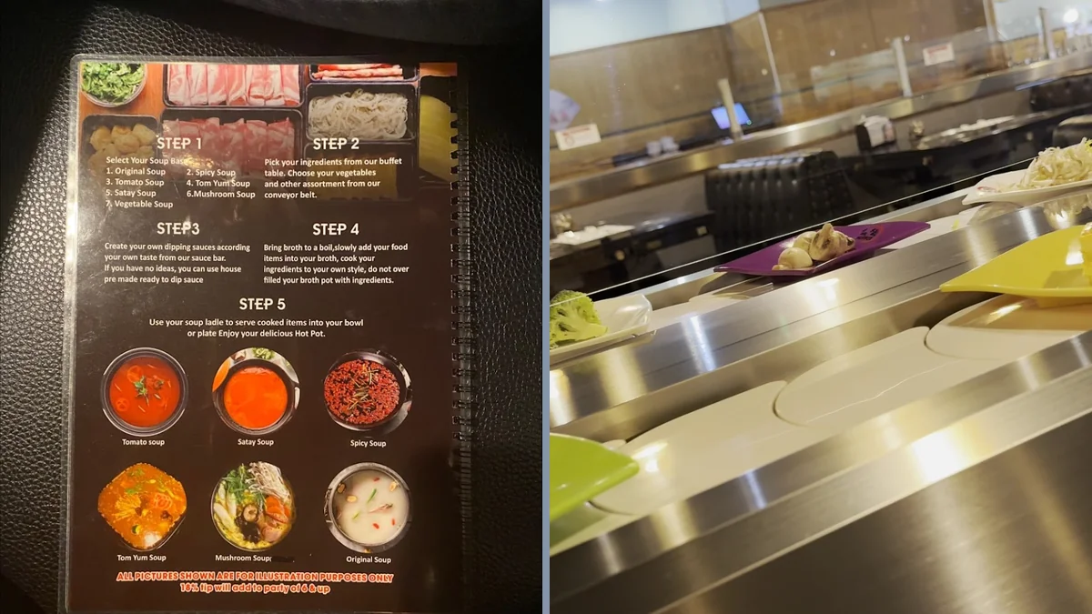 Shared table with hot pot pots and grill plates.