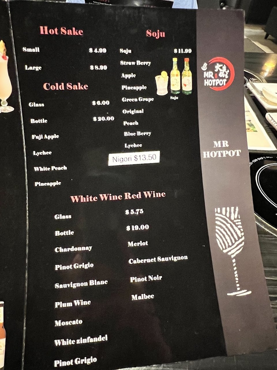 Menu board for hot pot and Korean barbecue.